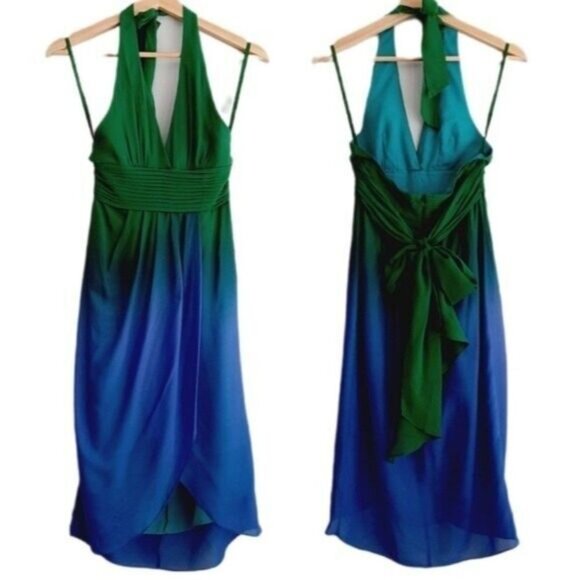 BCBG MaxAzria Silk Ombre Halter Dress Blue Green Sz 0 Flawed - Picture 2 of 15